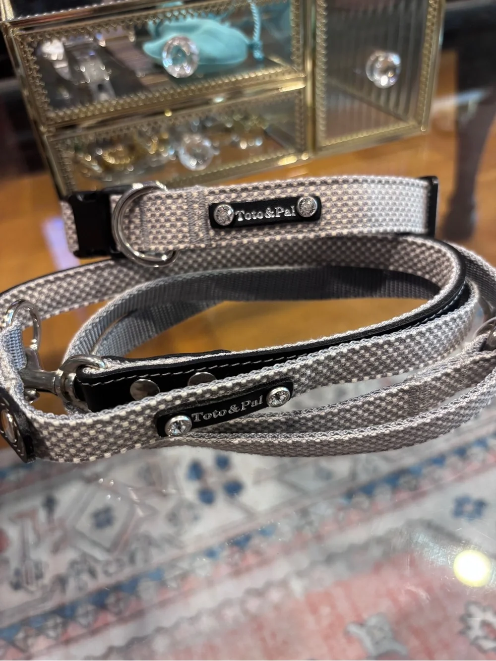 Toto & Pal Gray & Cream Textured Dog Leash with Swarovski Crystal Studded Tag